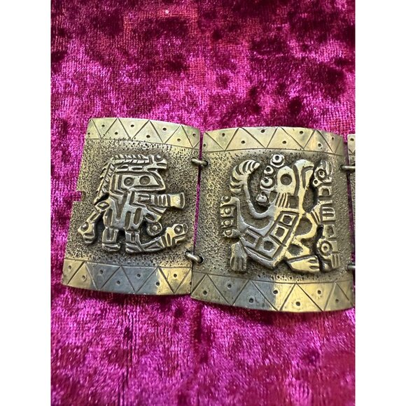 Vintage 900 Silver Peruvian Tribal Panel Bracelet With Engraved God Motifs 7" - Picture 7 of 9